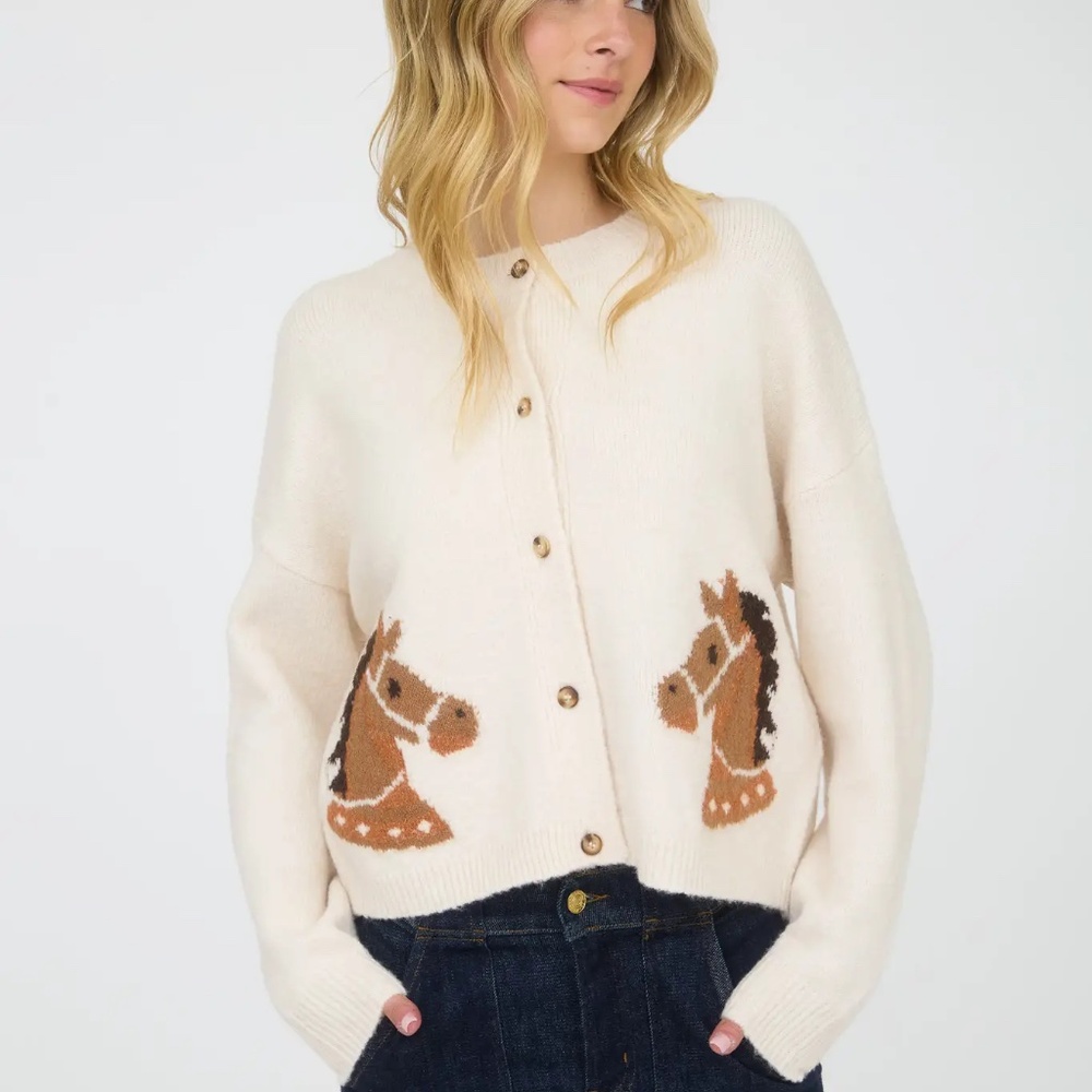 NWT Horse Graphic Jacquard Cardigan in Cream